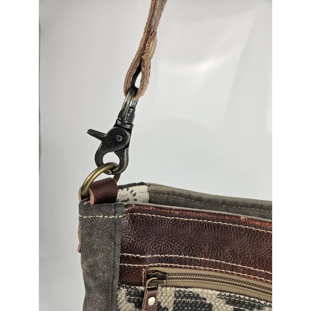 Myra Crossody Bag Southwest Print Woven‎ Leather Cowhide Accent Grey Brown White